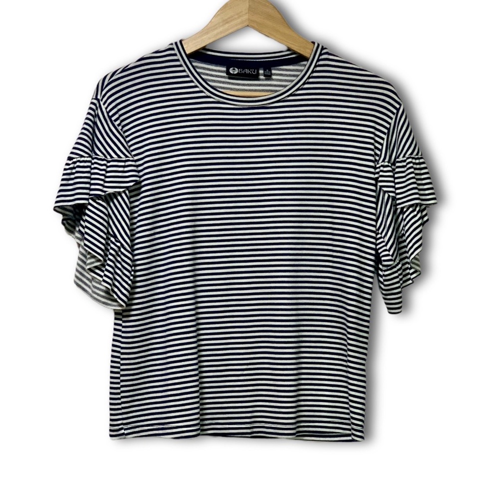 Baku Navy Striped Bell Sleeve Soft Knit Shirt
